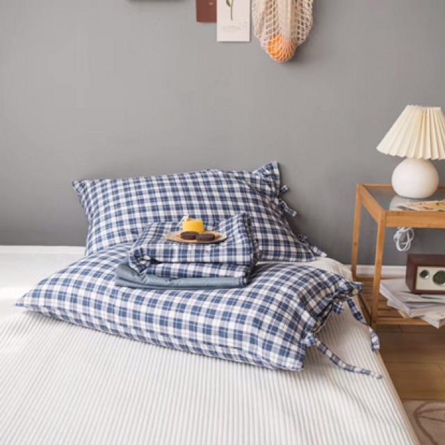 Set Cotton Living Hàng Nhập Khẩu Cao Cấp 4 Món Kẻ Xanh Dây Nơ