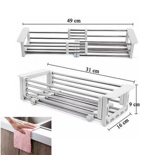 Rổ Inox Rút Gọn - Khay Inox Gác Bồn Rửa Tiện Dụng-Tặng Kèm 03 Khăn Lau 2 Mặt Siêu Thấm Nhà Bếp - CH Hương Thị Miễn Phí Vận Chuyển