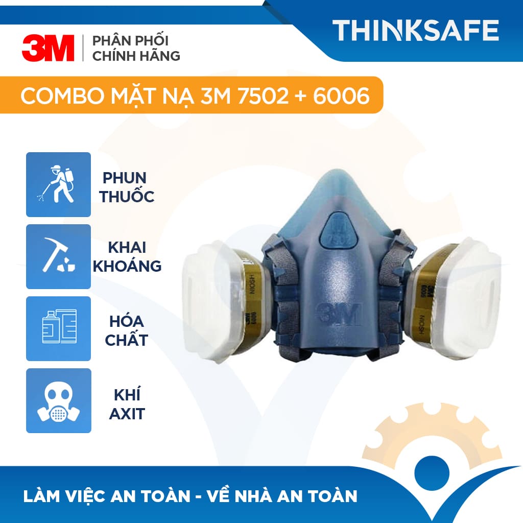 Mặt nạ phòng độc 3M Thinksafe, chống độc, lọc bụi siêu mịn, xịt sơn, phòng dịch, chống bụi, chống hơi hữu cơ - 7502/6006