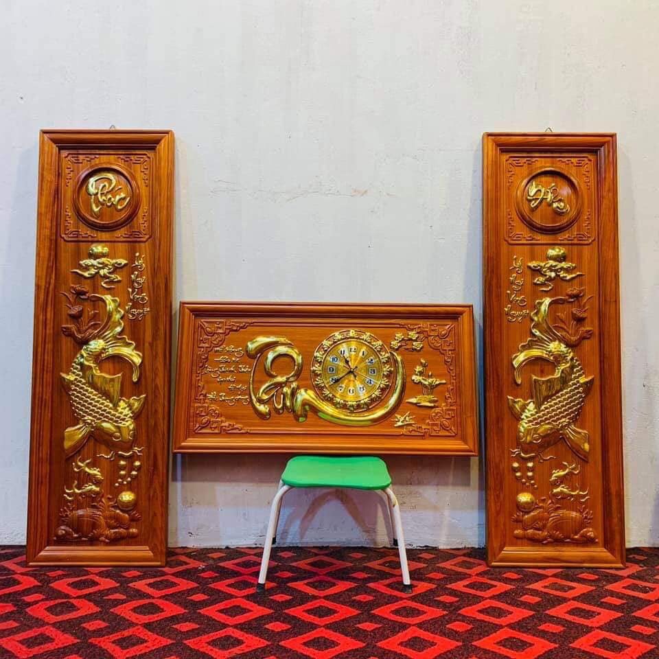 Combo Tranh câu đối lý ngư vọng nguyệt + tranh đồng hồ chữ đức ,nhẫn, phúc ...bằng gỗ hương đỏ