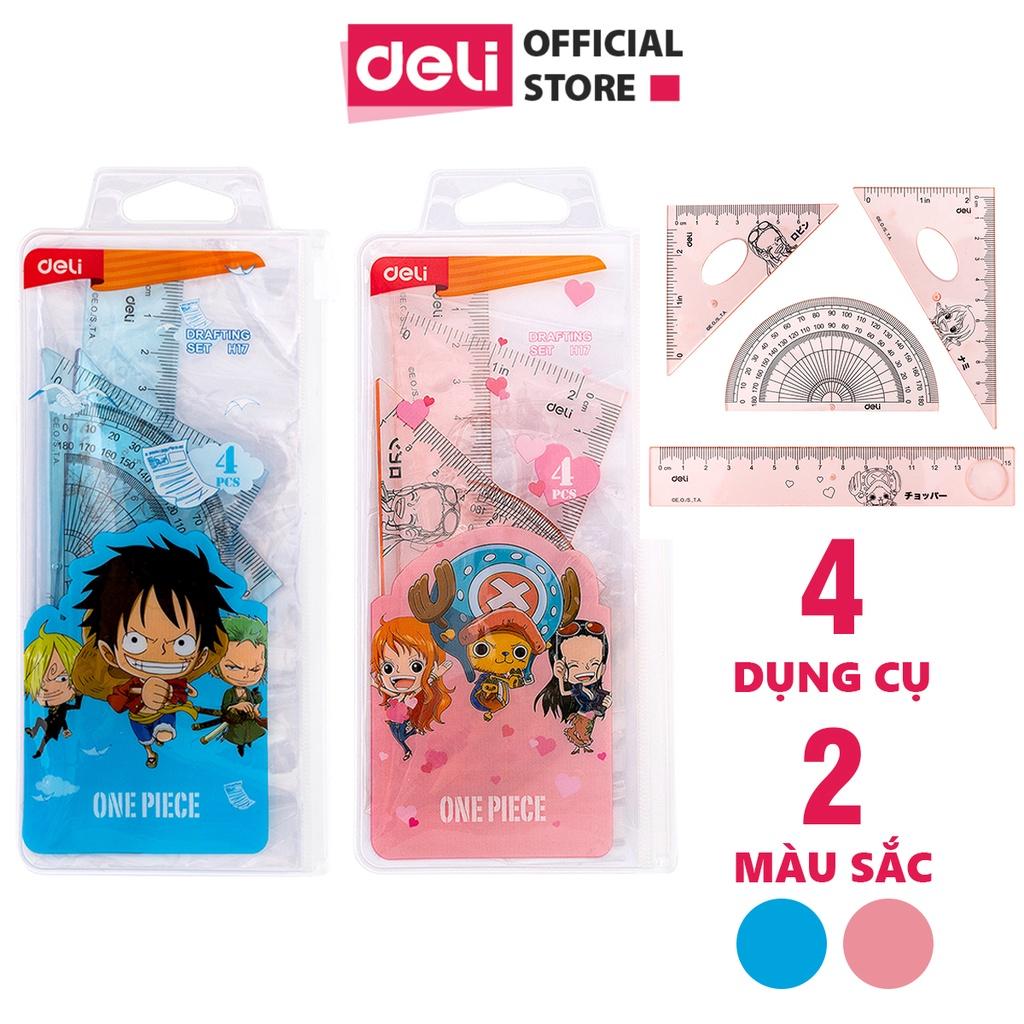 Bộ thước kẻ, thước đo độ, eke tam giác vuông học sinh Đảo Hải Tặc One Piece Deli - Bộ dụng cụ học tập 4 chiếc - Xanh hồng - EH17