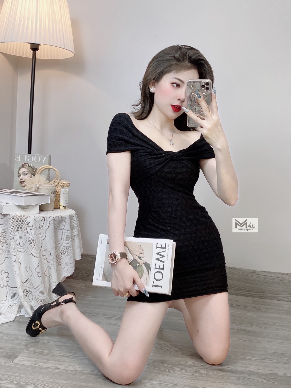 Váy trễ vai xoắn ngực bèo chun, đầm thiết kế dáng ôm cực tôn dáng