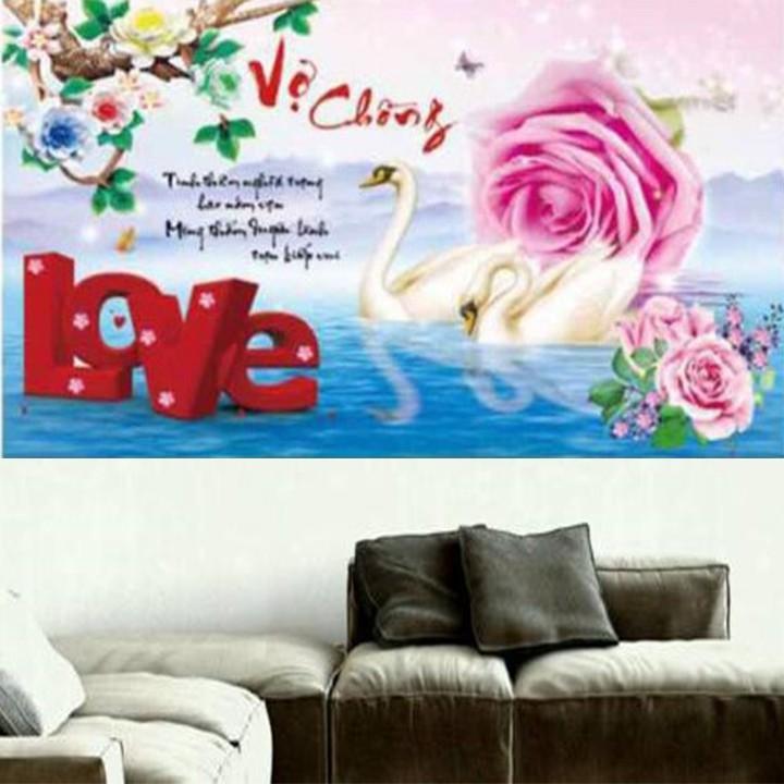Tranh thêu vợ chồng thiên nga hoa hồng X8202 - kích thước: 63 * 43cm.