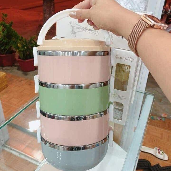 Hộp Đựng Thức Ăn Giữ Nhiệt 4 Tầng Lúa Mạch Ruột Inox Mới - Hàng Loại 1
