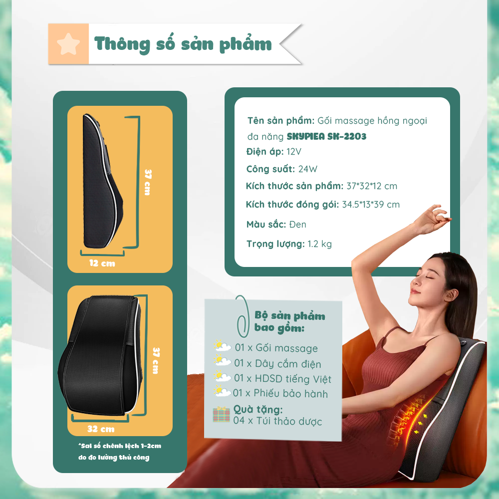 Gối Massage Hồng Ngoại 20 bi- Phiên Bản 2022 - Có túi khí - Massage Cổ, Vai, Gáy - Máy Massage Toàn Thân