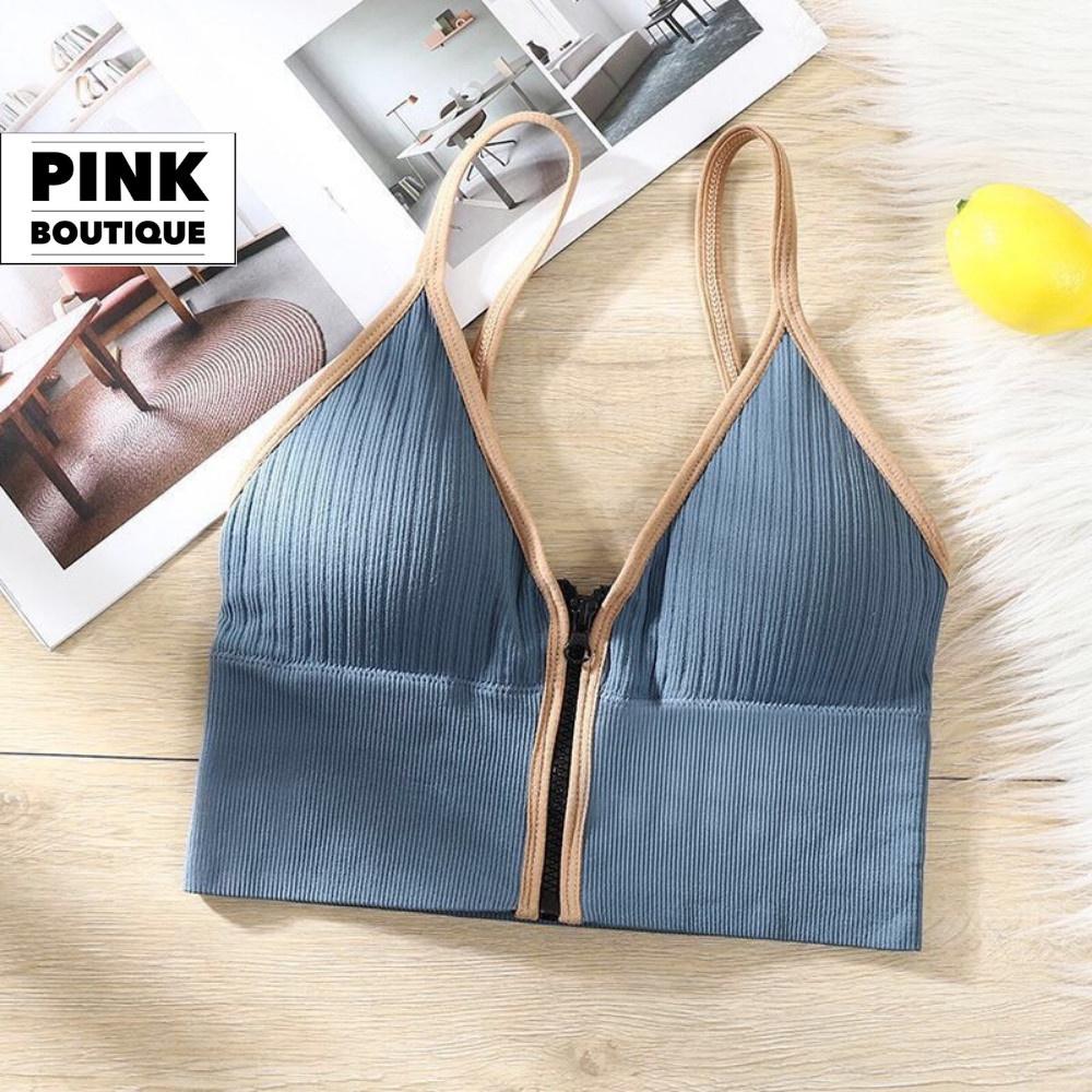 Áo Tập Bra Hai Dây Nữ Kéo Khóa Trước CopTop Dáng Ôm Dệt Kim Len Tăm Có Mút Ngực PINKBOUTIQUE