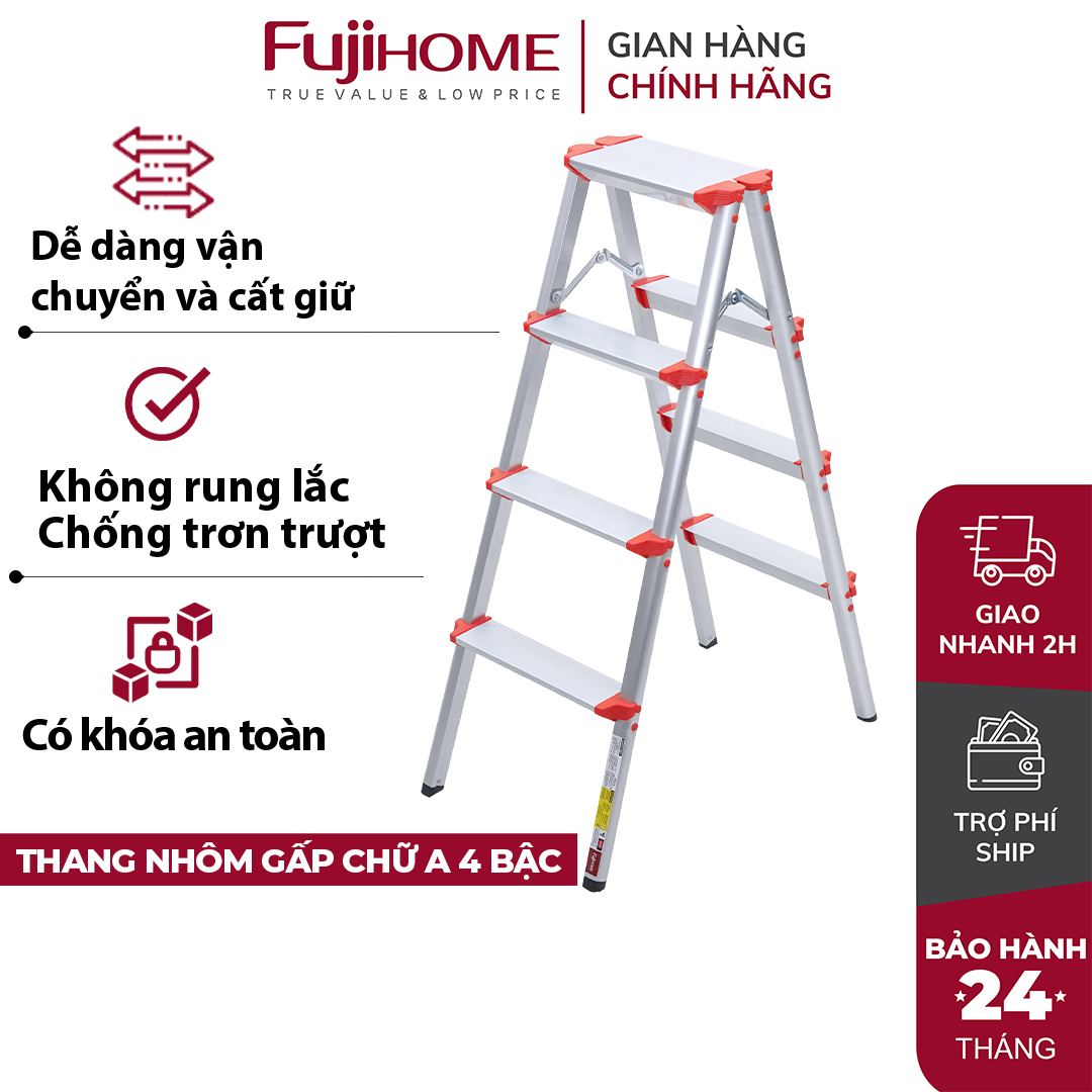 Thang nhôm chữ A 4 bậc cao 1 Mét gấp gọn FUJIHOME DL204, thang ghế 4 bậc xếp gọn gia đình- Hàng chính hãng