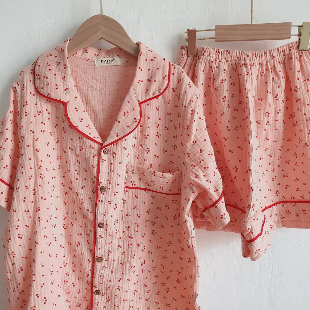Pyjama đùi muslin hồng cherry