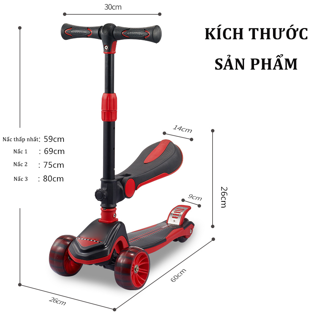 Xe trượt scooter trẻ em S8 2IN1 có ghế ngồi 3 bánh phát sáng