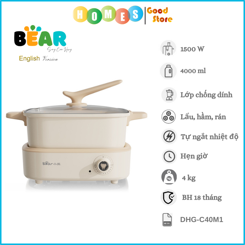 Nồi Điện Đa Năng BEAR DHG-C40M1 4L Nấu Siêu Nhanh Cao Cấp Công Suất 1500W - Hàng Chính Hãng