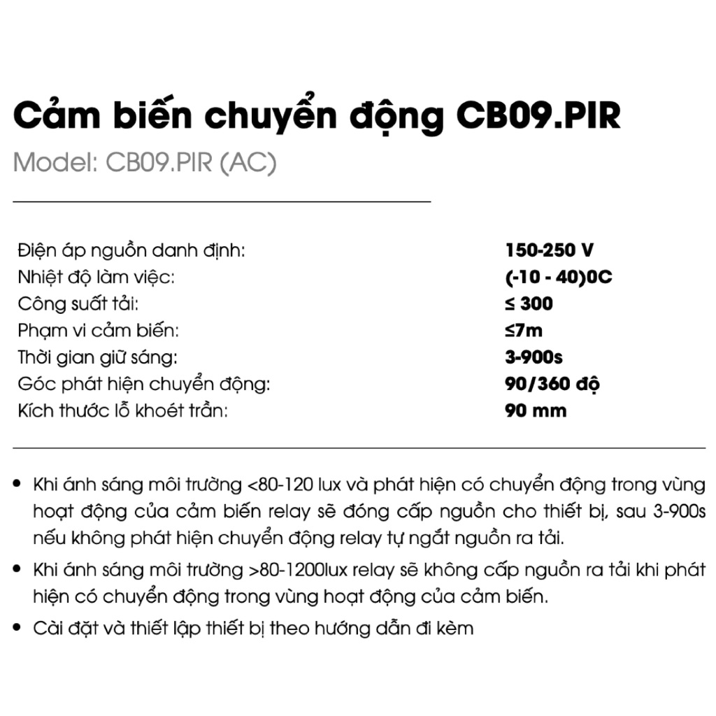 Cảm biến chuyển động âm trần Rạng Đông CB09.PIR AC khoét lỗ 9cm hỗ trợ tự động bật tắt các thiết bị điện - Hàng chính hãng