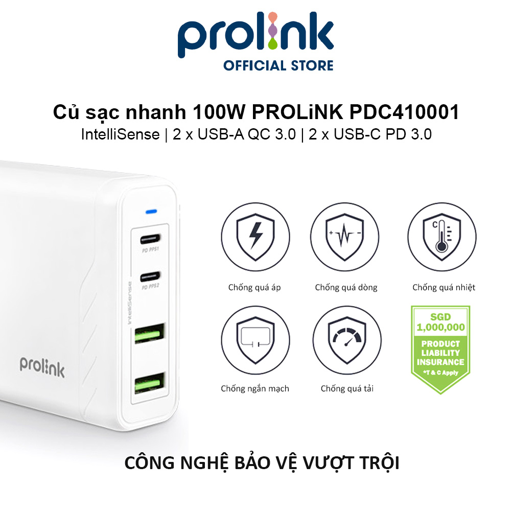 Củ sạc nhanh 100W PROLiNK PDC410001, 4 cổng IntelliSense, sạc điện thoại, laptop - Hàng chính hãng