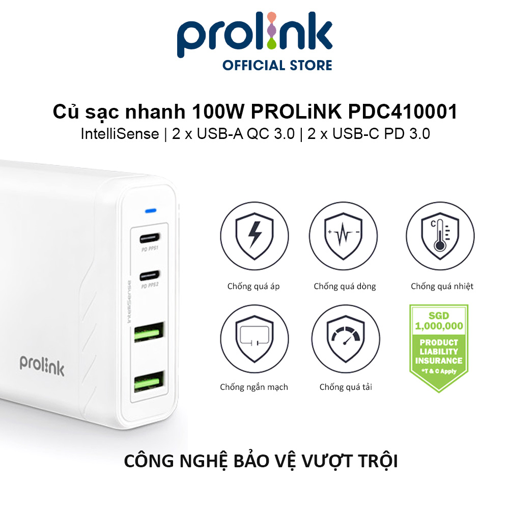 Hình ảnh Củ sạc nhanh 100W PROLiNK PDC410001, 4 cổng (2xUSB-A QC 3.0 & 2xUSB-C PD 3.0) IntelliSense, sạc điện thoại, laptop - Hàng chính hãng