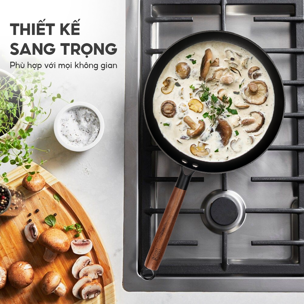 Chảo gang sâu lòng chống dính Lebenlang LBL2524, size 30cm, tay cầm gỗ dùng mọi loại bếp - hàng chính hãng