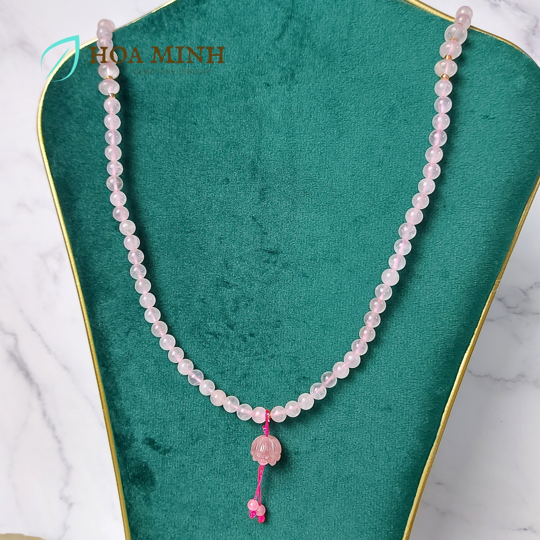 Vòng tay chuỗi 108 hạt Thạch Anh Hồng size 6 li phối hạt bánh xe, charm hoa sen đá thạch anh hồng cho phong thủy mệnh Hỏa, Thổ