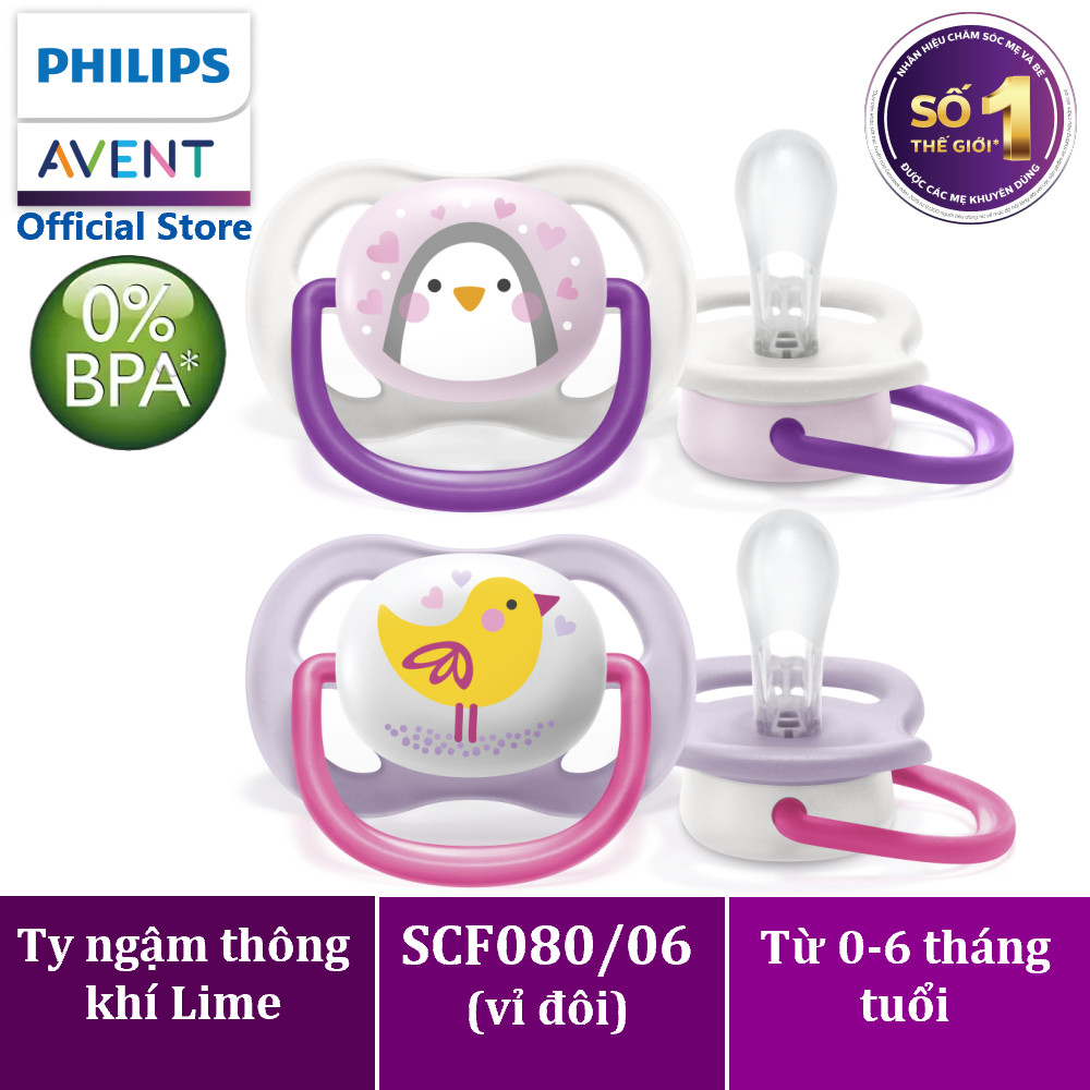 Núm ty ngậm thông khí Philips Avent hình thú (phiên bản Lime) cho trẻ từ 0-6 tháng tuổi _ vỉ đôi 