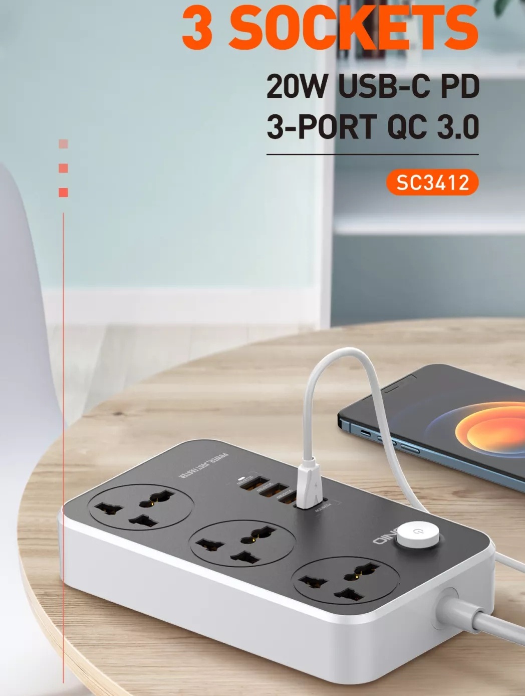 Ổ cắm điện đa năng 7 in 1 hỗ trợ sạc nhanh 38W PD 20W tổng công suất 2500W ra 3 ổ cắm 3 chân, 1 PD Type C 20W và 3 USB QC 3.0 18W hiệu LDNIO SC3412