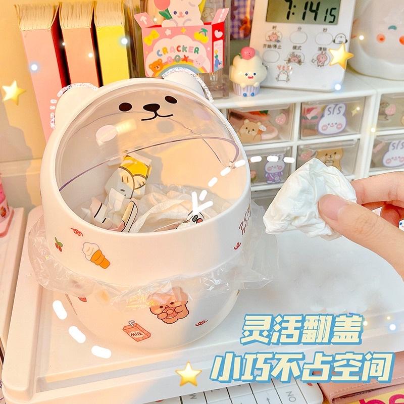 Thùng Rác Mini Để Bàn Nắp Lật Hình Chú Mèo Có Tai Cute Ngộ Nghĩnh Lọ Cắm Bút Nhựa Đựng Đồ Mỹ Phẩm Đa Năng Gấu Đáng Yêu