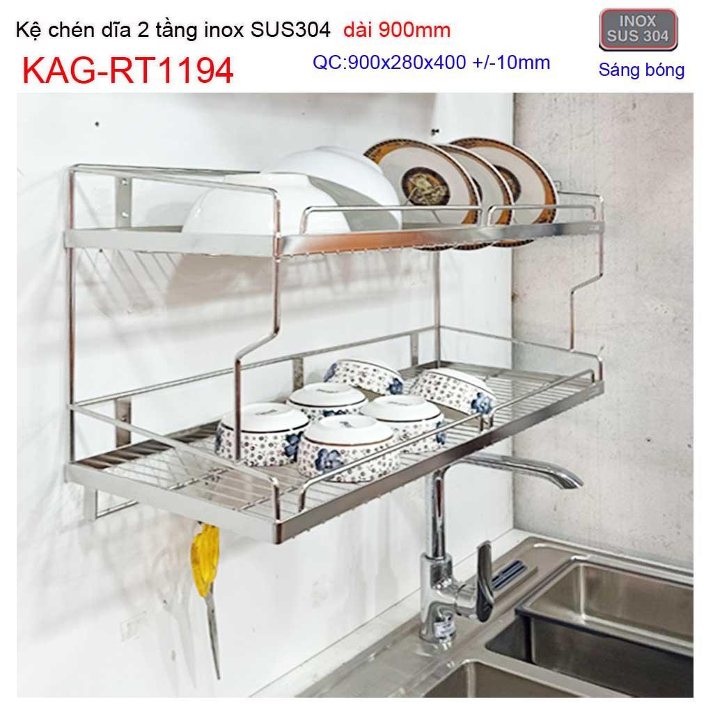 Kệ đựng chén bát inox SUS304, kệ úp chén dĩa 2 tầng inox 304 dài 90cm KAG-RT1194