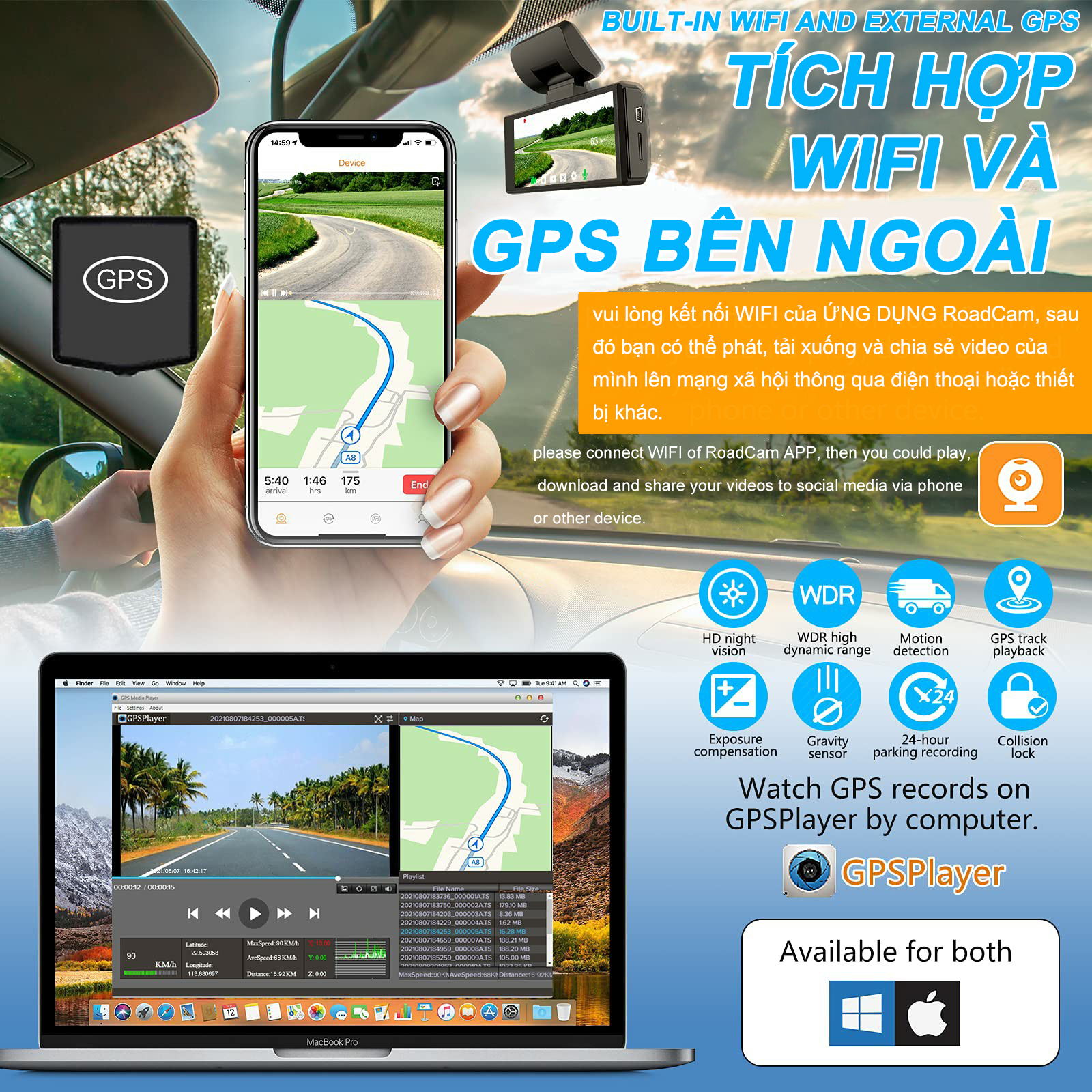 [ Giám sát 24H ] Mini Camera Hành Trình  4 Inch Ô Tô Màn Hình Gương Tràn Viền (Wifi+GPS) - Thẻ 64GB