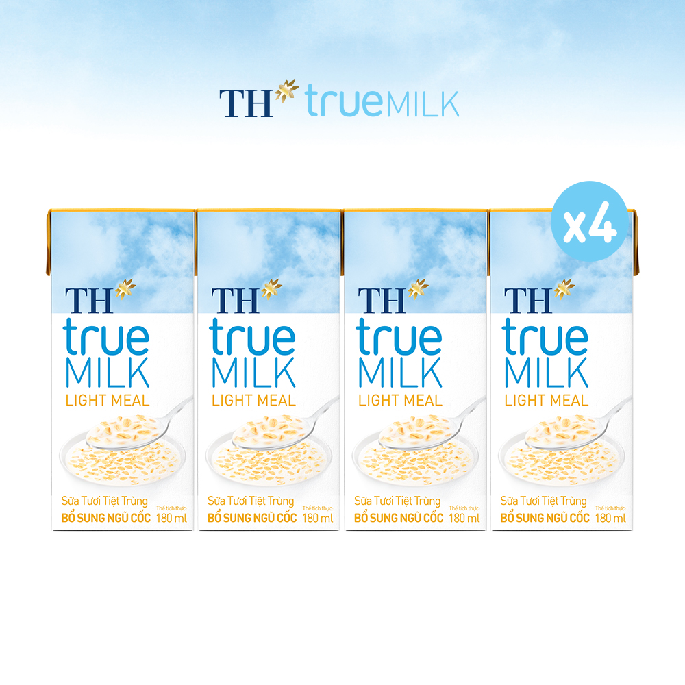 4 Lốc sữa tươi tiệt trùng TH True Milk Light Meal bổ sung ngũ cốc 180ml (180ml x 4 hộp)