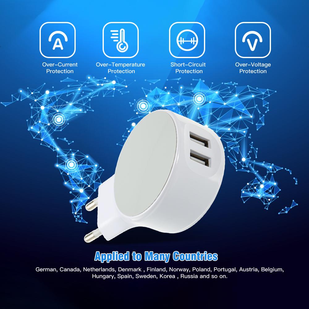 EU Plug 2 Ports USB Charger Wall Adapter EU Adapter 5V 2.1A Replacement for iPhone Samsung Xiaomi