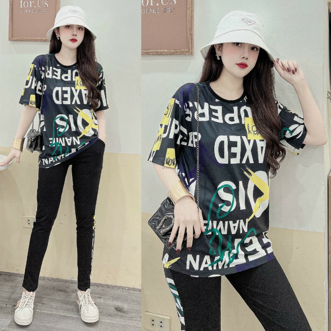 Đồ bộ thun cotton form rộng in 3D họa tiết kí tự