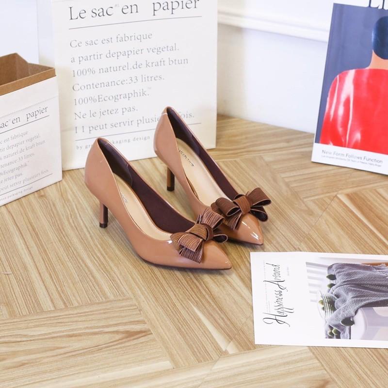 Giày cao gót 5 phân gót nhỏ gắn nơ bồng_A026DC