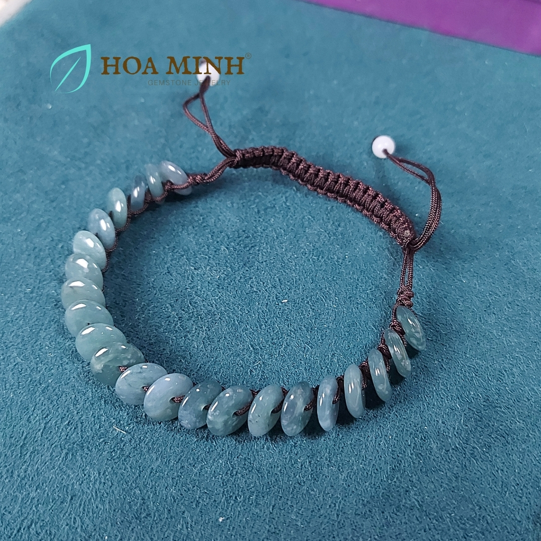Vòng tay chỉ handmade thắt đồng điếu Cẩm Thạch Lam Ngọc size 8 li vừa mọi ni tay phong thủy may mắn, hạnh phúc