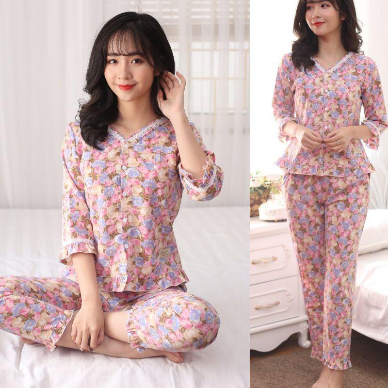 Quần áo mặc nhà cổ ren 2 màu