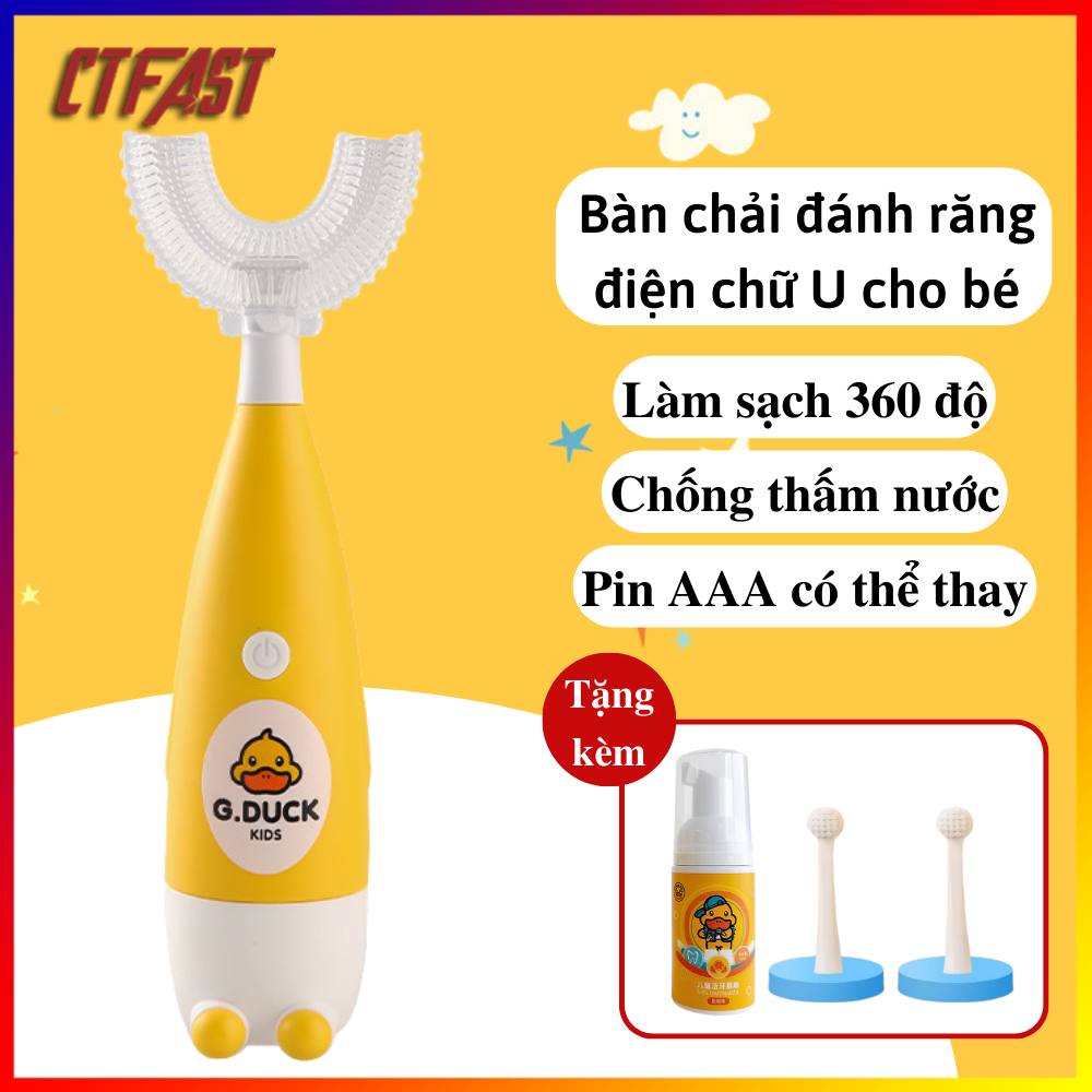 Bàn chải đánh răng điện trẻ em từ 2-12 tuổi họa tiết vịt vàng tạo hứng thú và thói quen đánh răng cho bé, Tặng kèm kem đánh răng + 2 đầu bàn chải đứng chất liệu silicon an toàn, chống nước, chống rơi vỡ