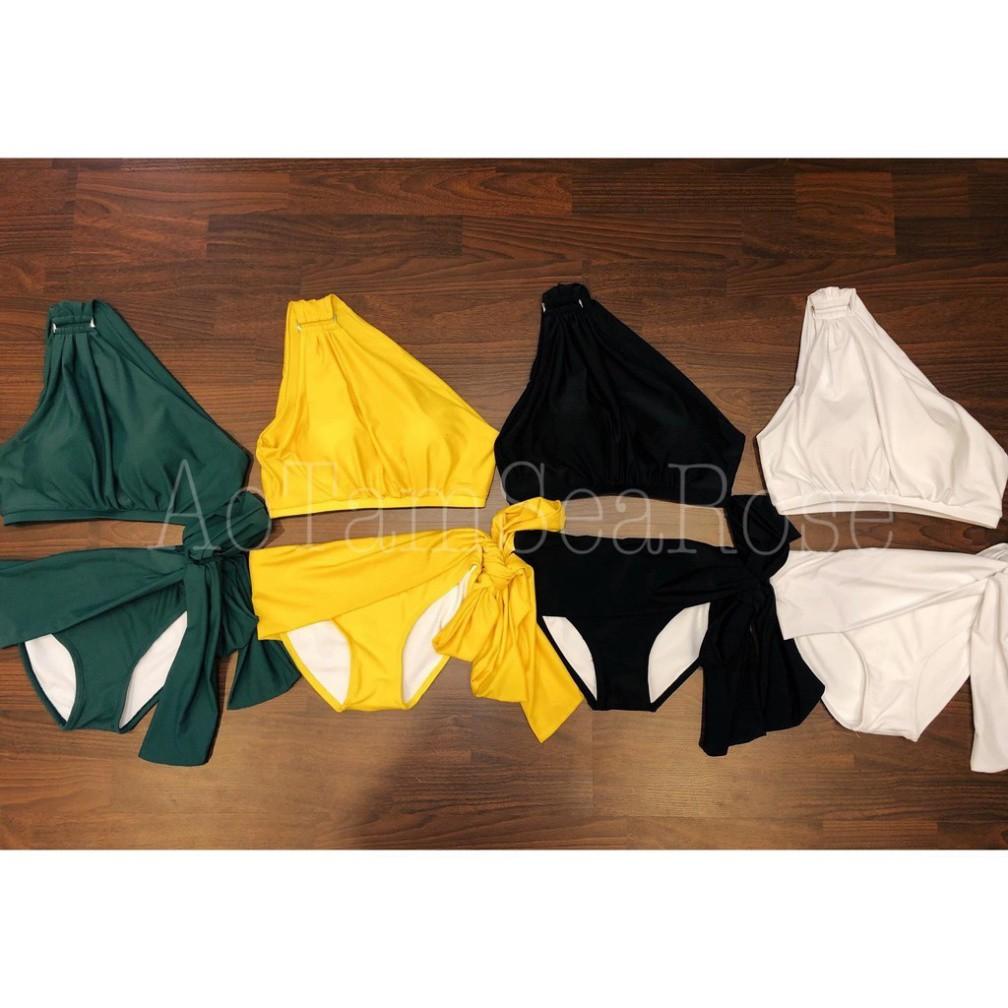 Bikini, bộ bơi áo lệch vai phối khoen vuông, quần nơ dài, phong cách Hy Lạp - EVA shop