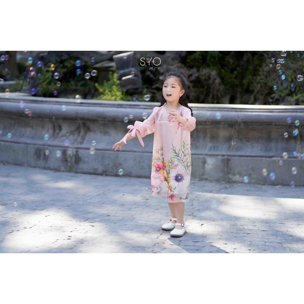 Đầm kid cổ tàu tay bồng in hình con cáo màu hồng SYO A5008