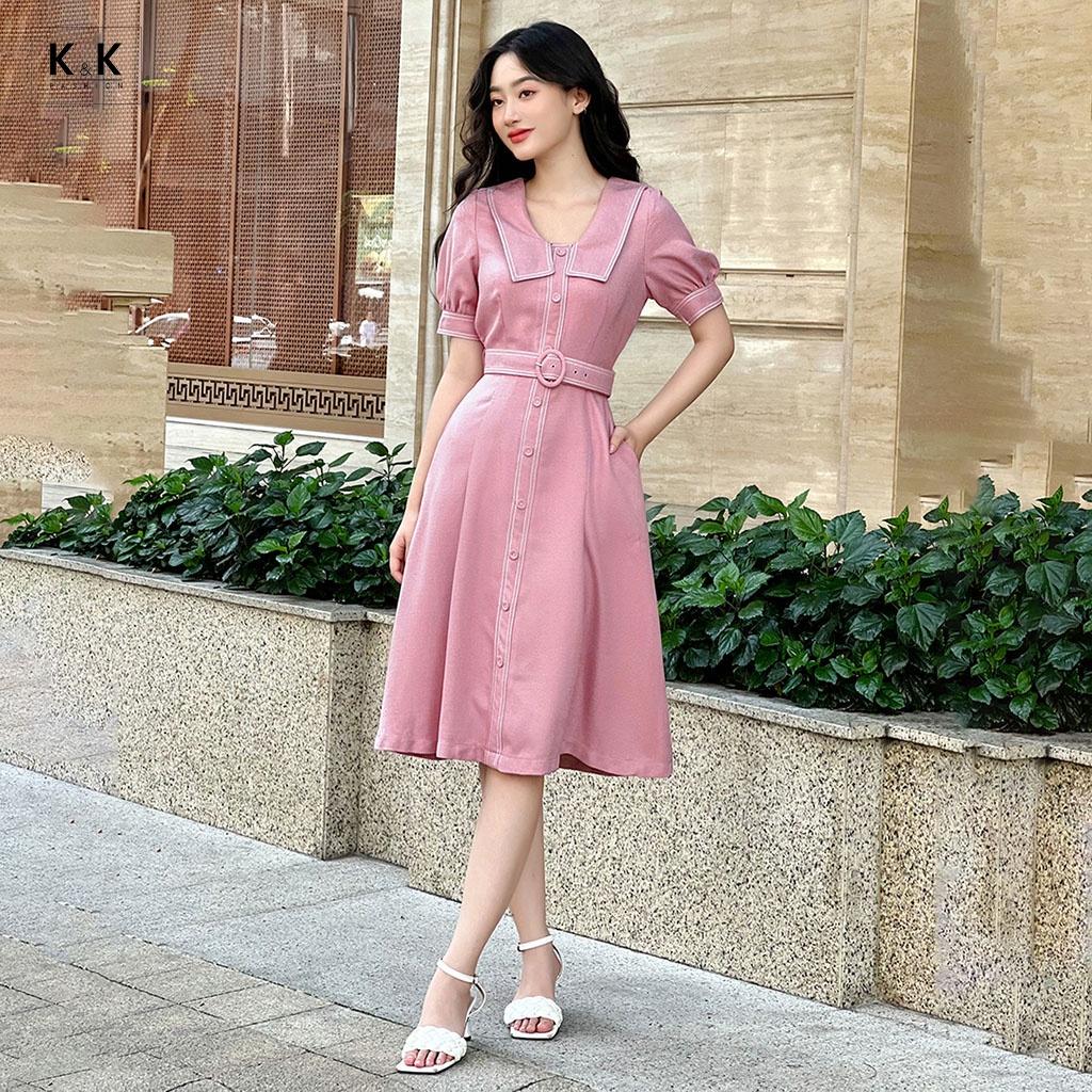 Đầm Công Sở Dáng Xòe Phối Đai Eo K&amp;K Fashion KK115-31 Chất Liệu Cotton Chéo