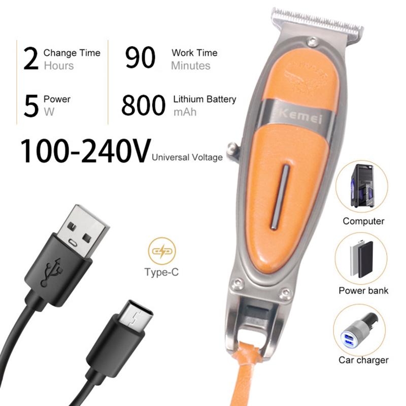 Tông đơ chấn viền, cắt tóc, tatto KEMEI KM-1946 màu cam vỏ bọc da kết hợp sạc USB