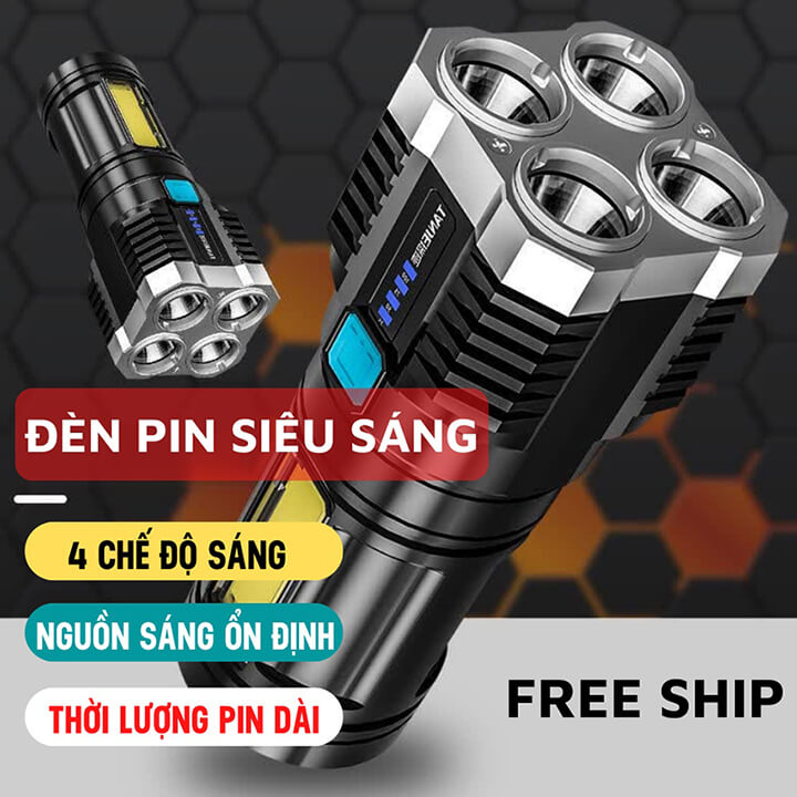 Đèn Pin Cầm Tay Siêu Sáng Mini 4 Chế Độ, Có Cob Led Hông Tiện Dụng, Đèn Pin Đa Năng