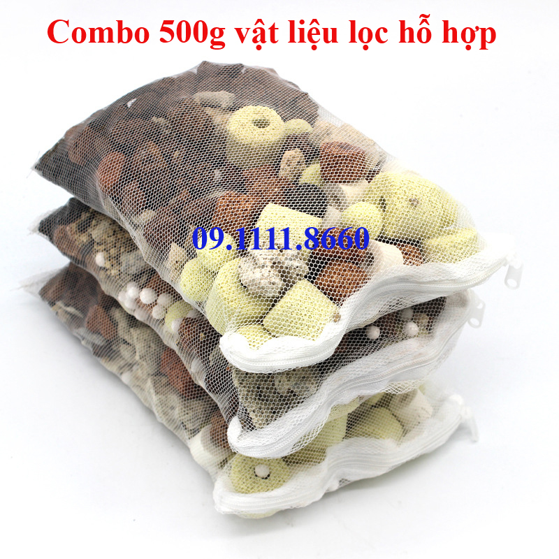 Túi vật liệu lọc tổng hợp 12 thành phần 500g dùng cho bể cá, bể thủy sinh, thùng lọc , máy lọc nước - tặng kèm  túi lưới