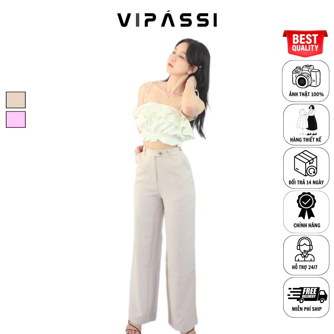 VIPÁSSI - Quần Tây Dài Dáng Suông Loe Nhẹ Khóa Kéo Lưng Cao Họa Tiết Quai Dê Ngắn
