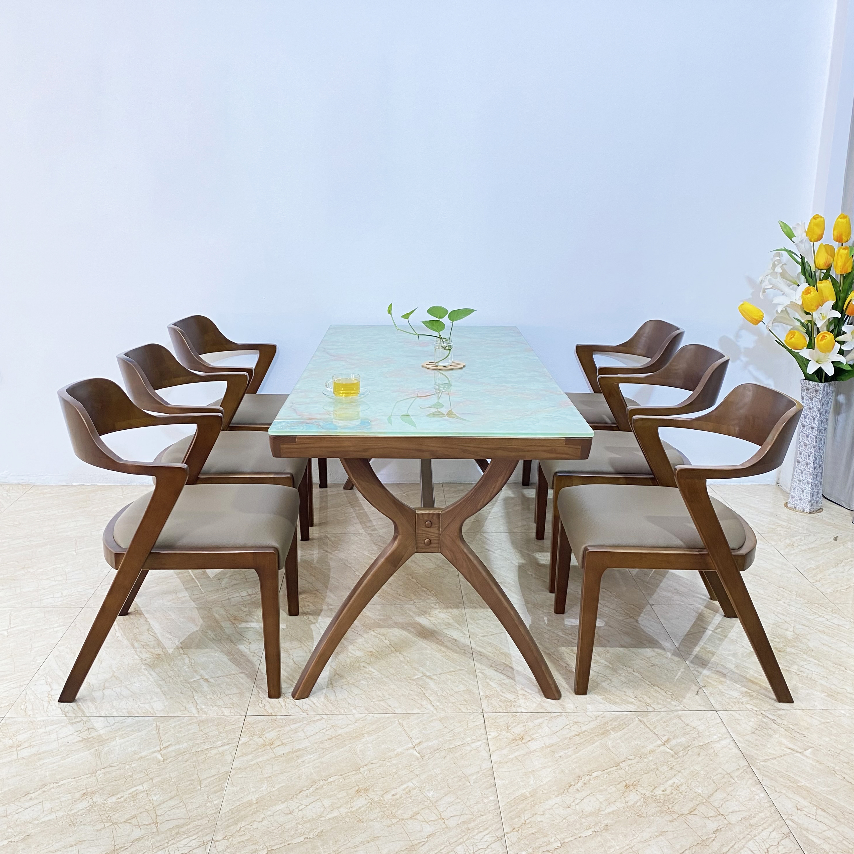 Bộ bàn ăn Mặt kính cường lực 15 ly hoặc mặt đá Ceramic Saint 6 ghế S6G17W