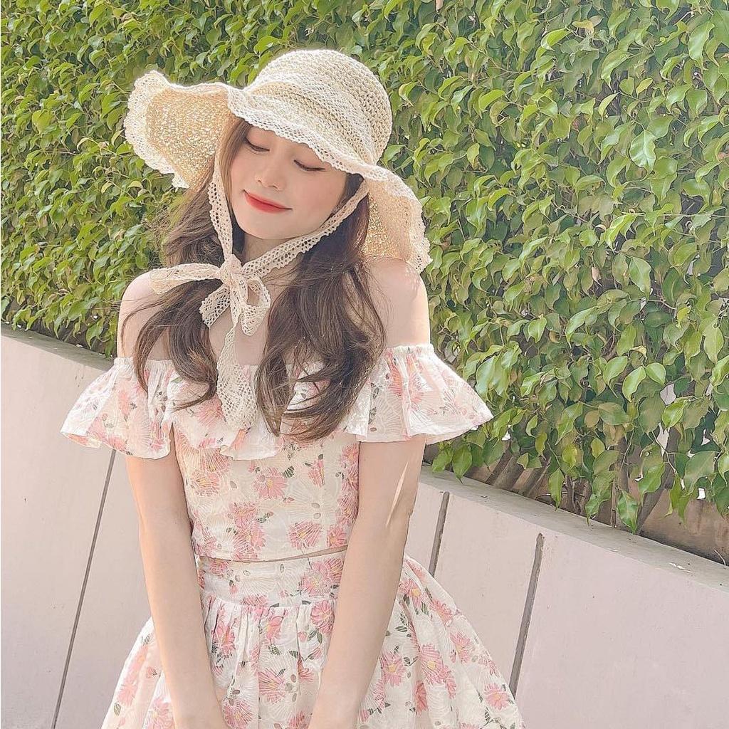Nón cói ren cột nơ viền ren xinh xỉu luôn