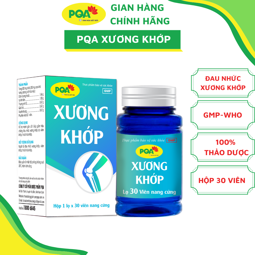 Viên nang PQA Xương Khớp hộp 30 viên là dược phẩm thảo dược cho người bị đau nhức xương khớp, viêm khớp, thoái hóa khớp, hỗ trợ mạnh gân cốt, giúp hạn chế triệu chứng đau nhức xương khớp do viêm khớp, thoái hóa khớp.