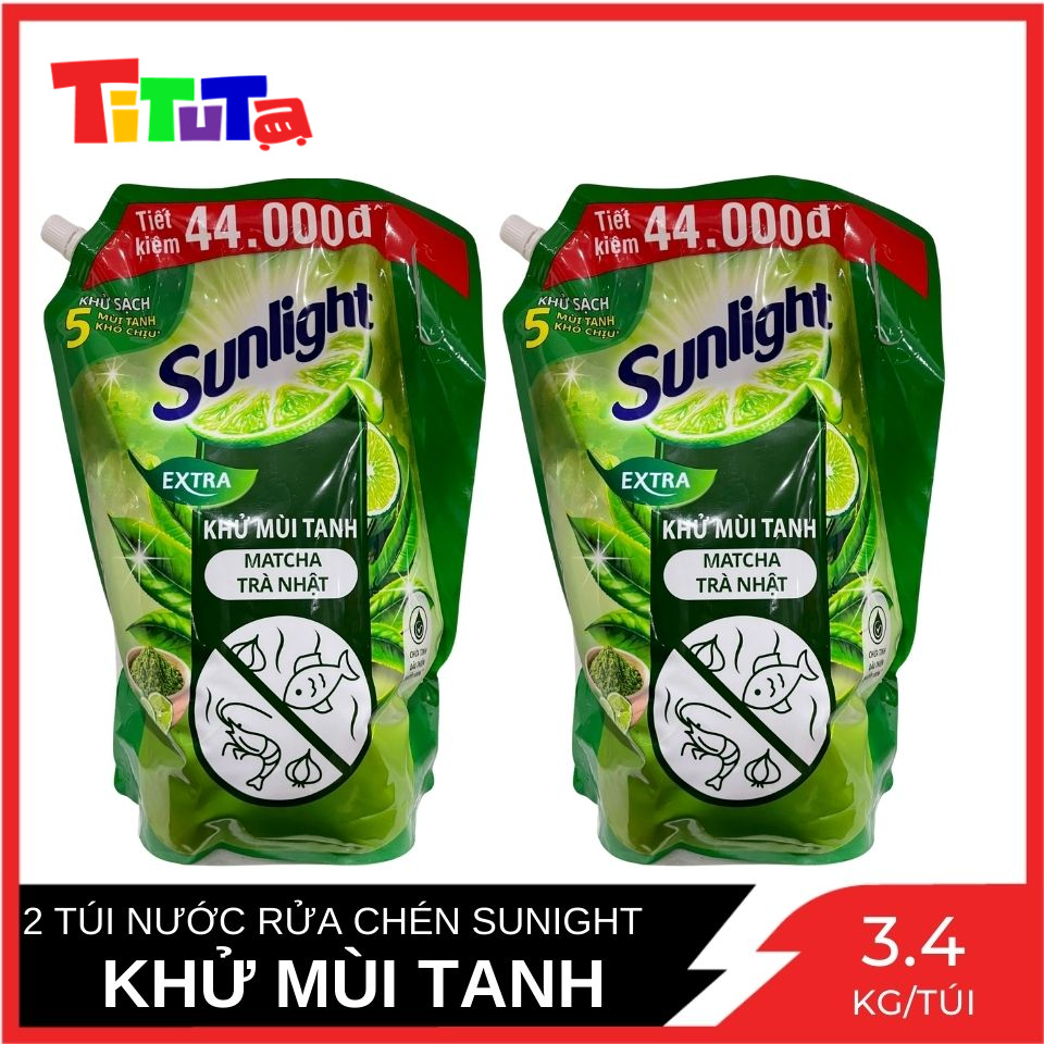 Combo 2 Túi Khổng Lồ Nước rửa chén Sunlight Extra Khử Mùi Tanh Match Trà Nhật Túi 3.4 Kg x2