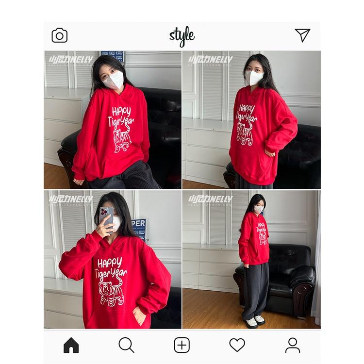 Áo Hoodie lót lông Nelly Heybig Thời Trang Màu Đỏ Tuổi Dần Dày Dặn lót lông oversize dành cho nam và nữ