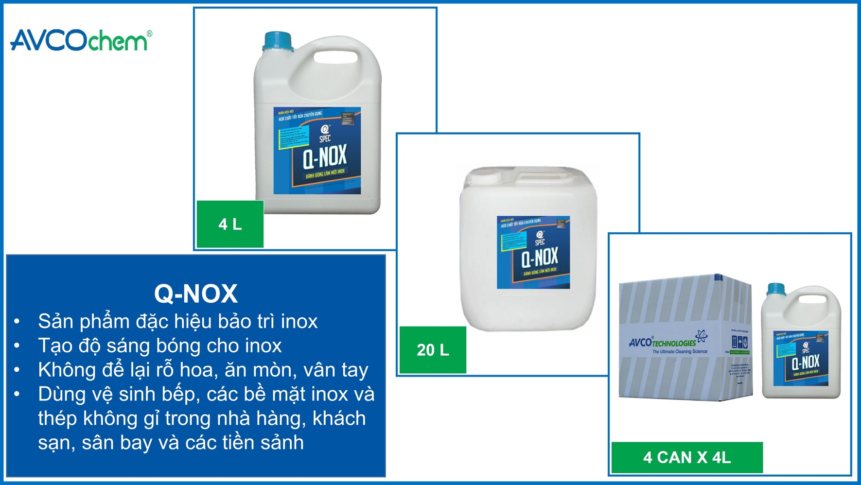 Dầu Đánh Bóng Làm Mới Inox AVCOChem - Q-NOX - Sáng Bóng Ngăn Bụi - can 4 lít - Hàng Chính Hãng