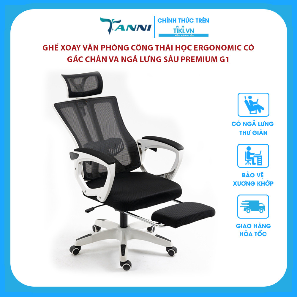 Ghế Xoay Văn Phòng Công Thái Học Ergonomic Có Gác Chân Và Ngả Lưng Sâu Premium G1 , Ghế Xoay Gaming Cao Cấp Nhập Khẩu