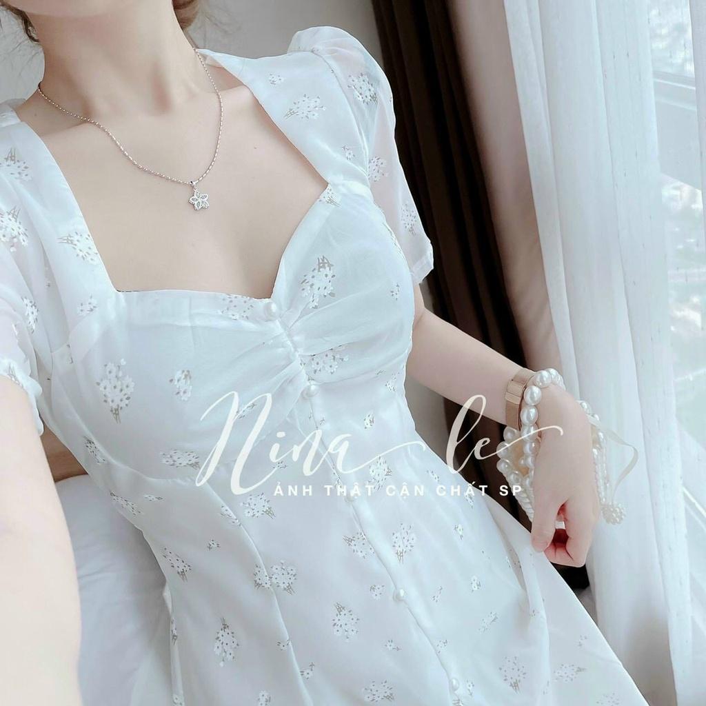 Đầm midi voan hoa 2 lớp tay phồng nhún ngực siêu xinh
