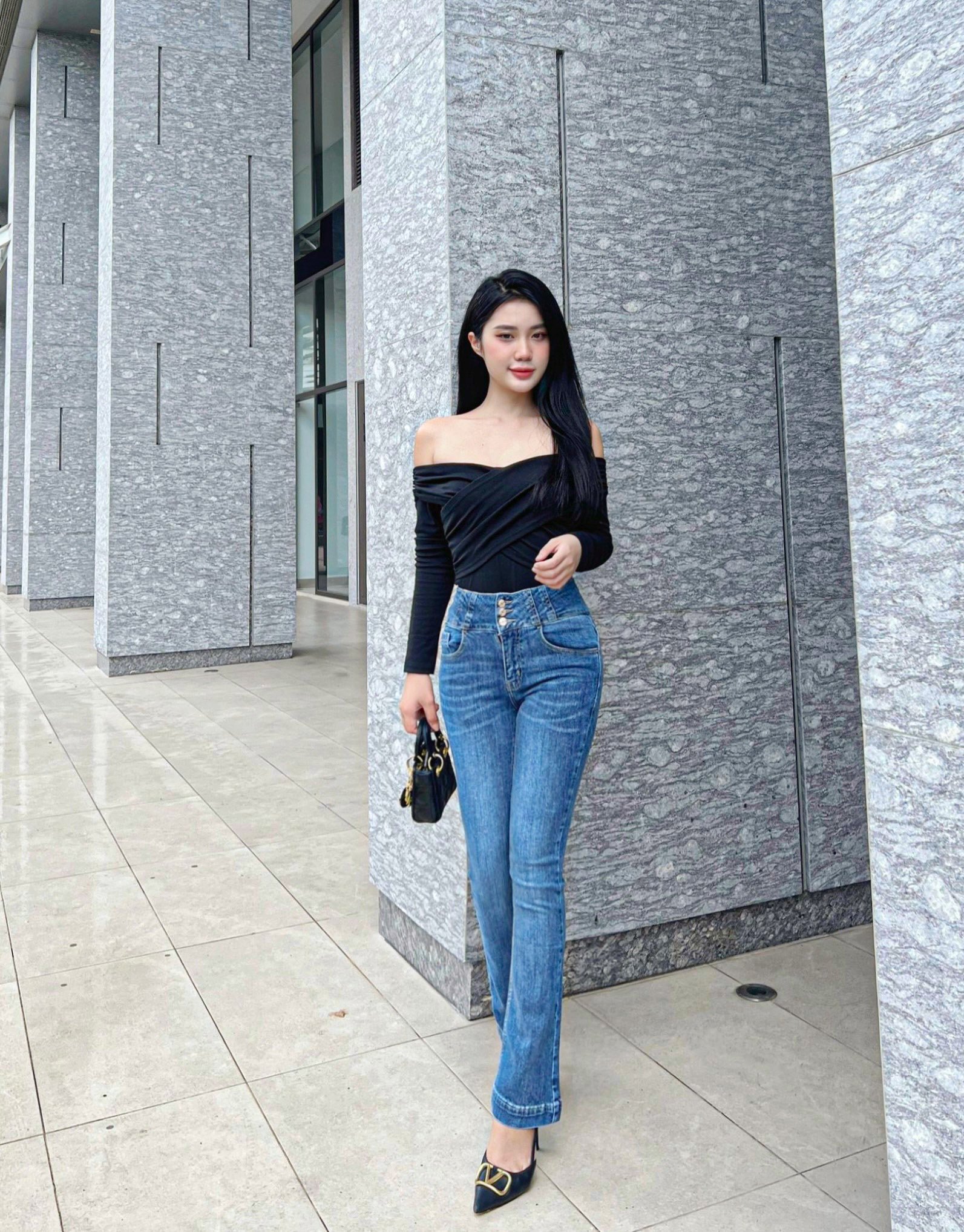 Quần jeans ống loe nữ dáng dài lưng 3 cúc siêu cao co giãn thoải mái thiết kế HQJeans HQ80