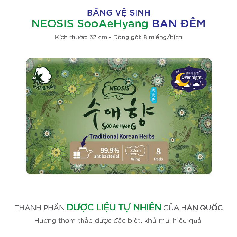 COMBO 2 GÓI BĂNG VỆ SINH HỮU CƠ  THẢO DƯỢC NEOSIS SOOAEHYANG BAN ĐÊM (KT: 32cm)_1 gói/10 miếng_hàng chính hãng