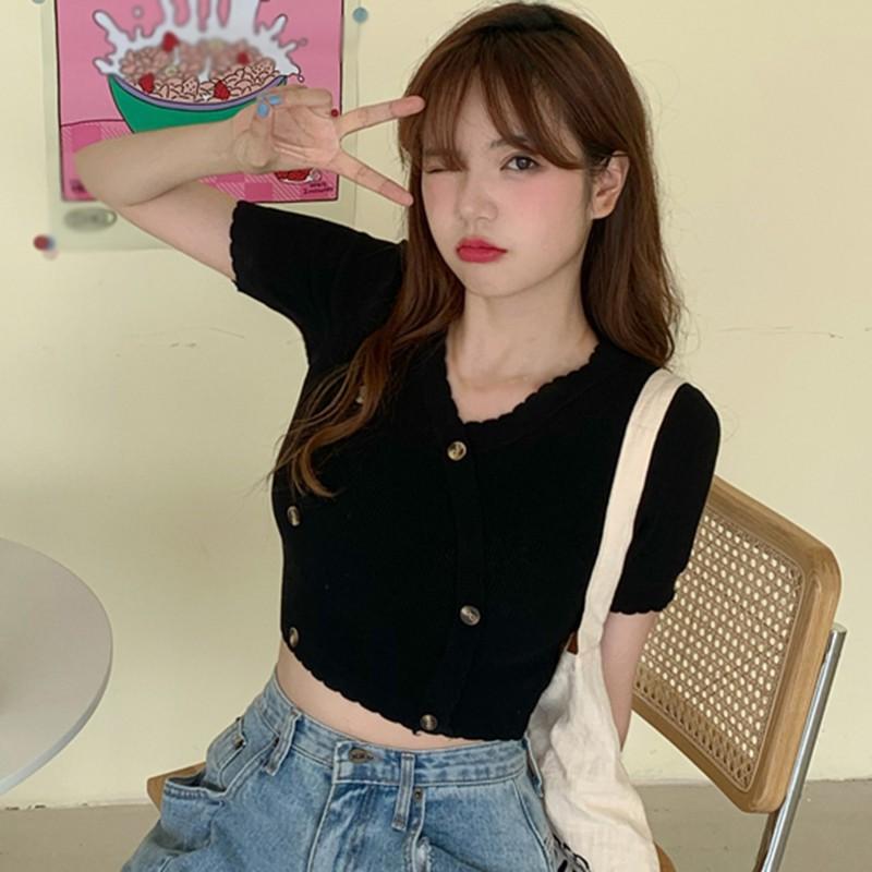 Áo Croptop Dệt Kim Tay Ngắn Cổ Chữ V Màu Trơn Thời Trang Cho Nữ