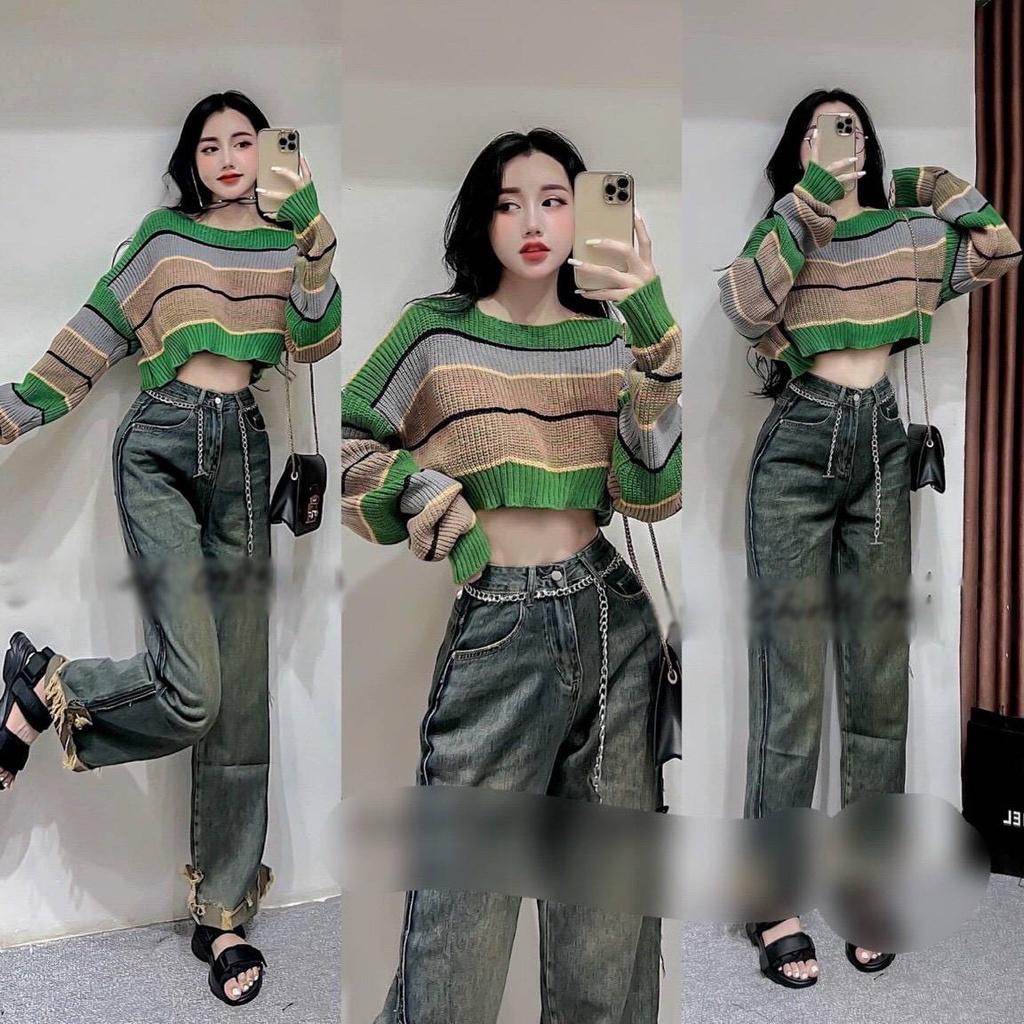 [L2M] Áo len nữ Montoghi dệt kim cổ tròn TAY DÀI dáng CROPTOP kẻ sọc xanh loại 1 phong cách Hàn Quốc cá tính